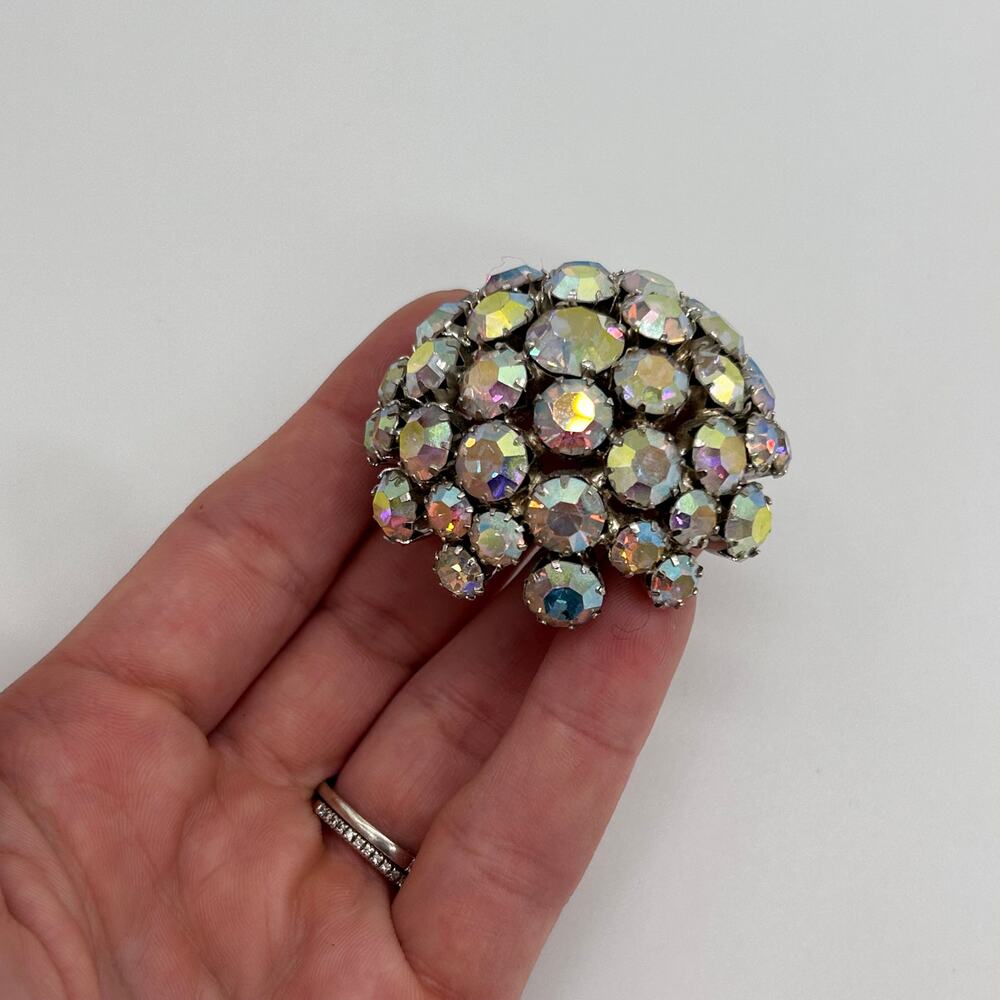 Vintage Warner Dome Brooch 2" Aurora Borealis Rhinestone Pin Signed Jewelry - Picture 5 of 10